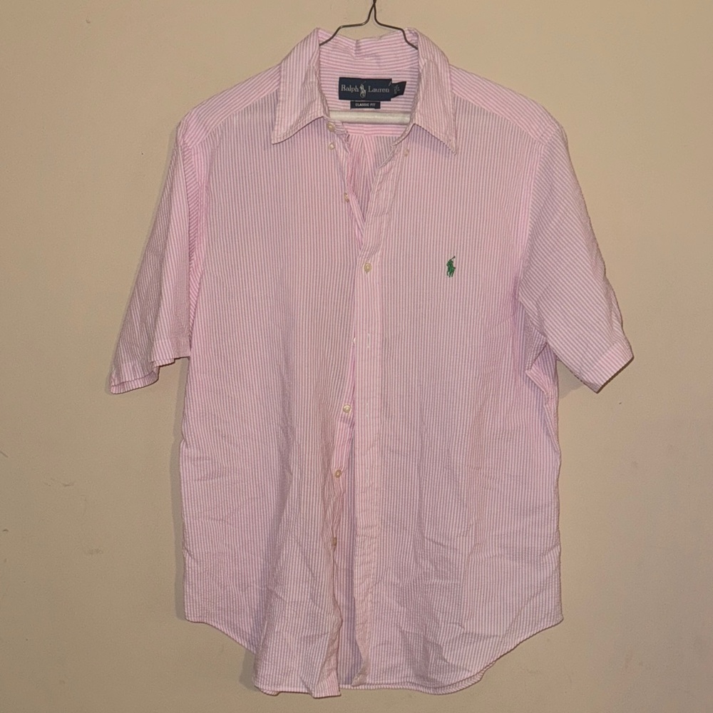 Polo by Ralph Lauren Men's Pink and White Striped Shirt Seersucker L Y2K